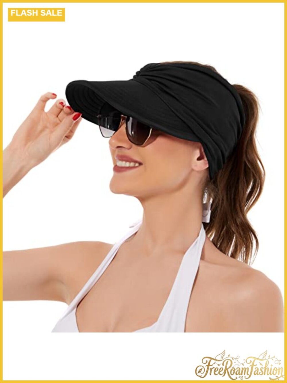 Wide Brim Packable Ponytail Visor Sun Hat Lightweight Polyester Spandex